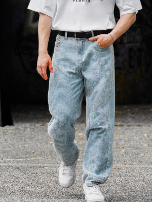 編織格紋中高腰直筒牛仔褲『韓國現貨』