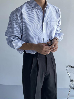 韓國🇰🇷正式又帶了點時尚的寬鬆條紋棉質長袖襯衫『韓國連線』