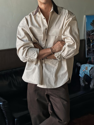 韓國🇰🇷2024最新款襯衫登場!!燈芯絨拼接翻領雙口袋長袖襯衫『韓國連線』