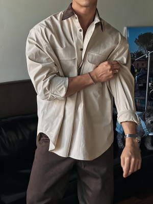 韓國🇰🇷2024最新款襯衫登場!!燈芯絨拼接翻領雙口袋長袖襯衫『韓國連線』