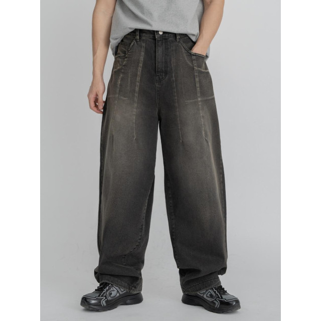 韓國🇰🇷『1+1』圓領肩線條印花短袖+寬鬆折痕線條丹寧寬褲『韓國連線』