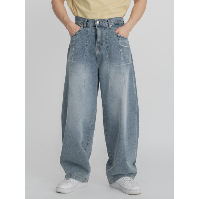 韓國🇰🇷『1+1』圓領肩線條印花短袖+寬鬆折痕線條丹寧寬褲『韓國連線』