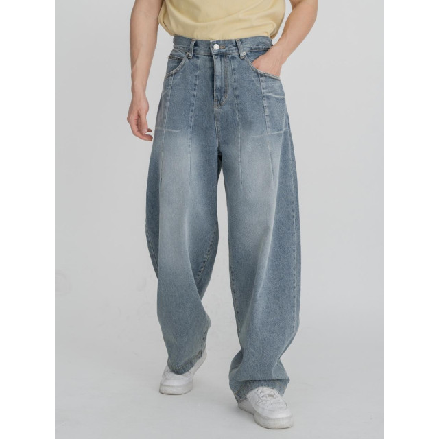 韓國🇰🇷『1+1』圓領肩線條印花短袖+寬鬆折痕線條丹寧寬褲『韓國連線』