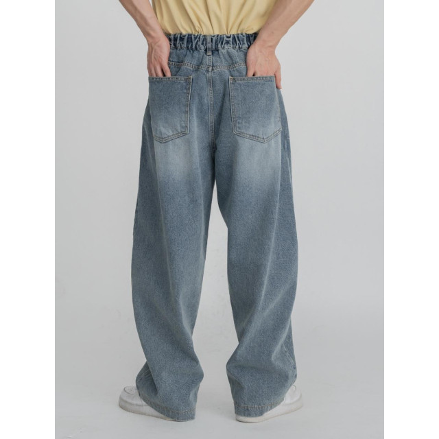 韓國🇰🇷『1+1』圓領肩線條印花短袖+寬鬆折痕線條丹寧寬褲『韓國連線』