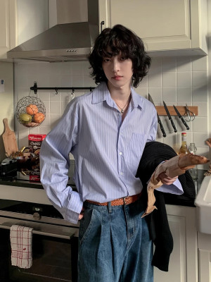 韓國🇰🇷秋季最新款不可以錯過!!柔軟條紋不對稱口袋長袖襯衫『韓國連線』