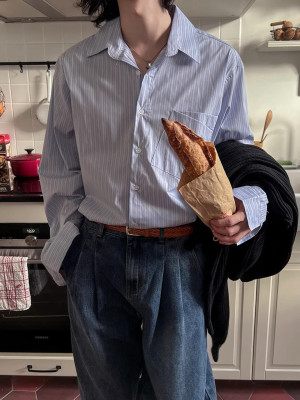 韓國🇰🇷秋季最新款不可以錯過!!柔軟條紋不對稱口袋長袖襯衫『韓國連線』