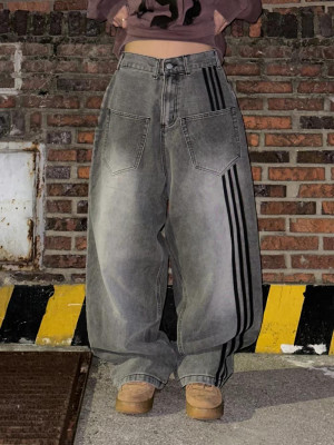 韓國🇰🇷丹寧褲升級款來了!!寬鬆潮流三線條正面雙口袋丹寧褲『韓國連線』