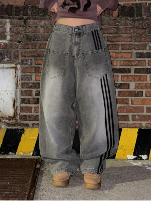 韓國🇰🇷丹寧褲升級款來了!!寬鬆潮流三線條正面雙口袋丹寧褲『韓國連線』