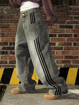 韓國🇰🇷丹寧褲升級款來了!!寬鬆潮流三線條正面雙口袋丹寧褲『韓國連線』