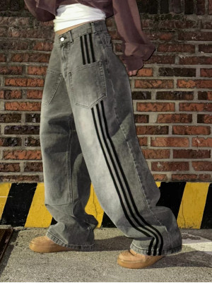 韓國🇰🇷丹寧褲升級款來了!!寬鬆潮流三線條正面雙口袋丹寧褲『韓國連線』