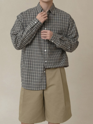 輕薄透氣的休閒合身格紋長袖襯衫『韓國連線』