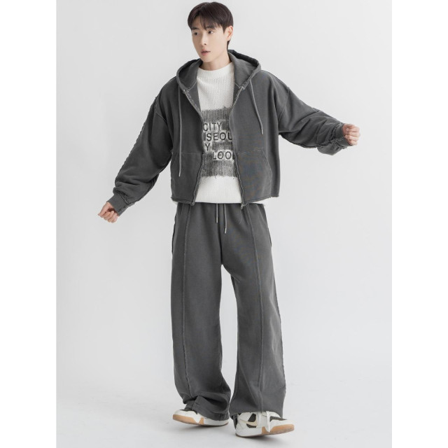 韓國🇰🇷復古水洗毛邊拼接線連帽外套『韓國連線』