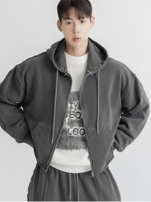 韓國🇰🇷復古水洗毛邊拼接線連帽外套『韓國連線』