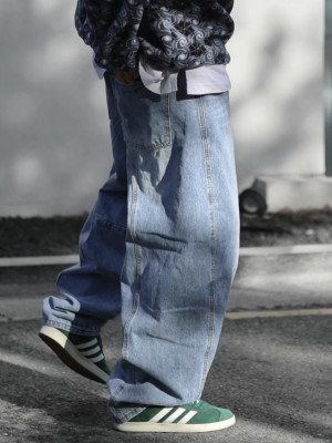 雙色質感好的牛仔褲!重磅拼接水洗丹寧褲『韓國連線』