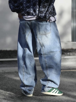 雙色質感好的牛仔褲!重磅拼接水洗丹寧褲『韓國連線』