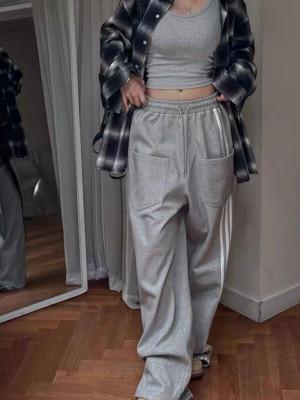 韓國🇰🇷男女皆適合的單邊側三線條直筒休閒長褲『韓國連線』