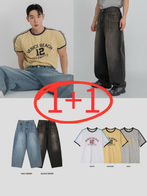 韓國🇰🇷『1+1』圓領肩線條印花短袖+寬鬆折痕線條丹寧寬褲『韓國連線』