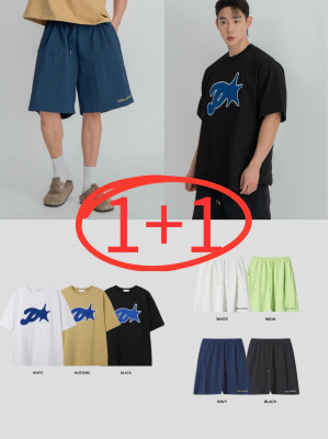 韓國🇰🇷『1+1』overfit落肩印花短袖+cella尼龍寬鬆運動短褲『韓國連線』