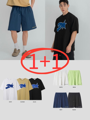 韓國🇰🇷『1+1』overfit落肩印花短袖+cella尼龍寬鬆運動短褲『韓國連線』