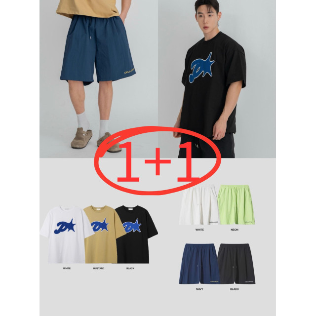 韓國🇰🇷『1+1』overfit落肩印花短袖+cella尼龍寬鬆運動短褲『韓國連線』