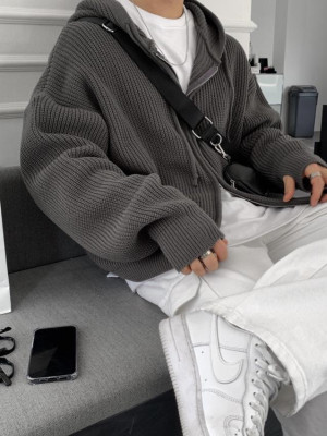 韓國🇰🇷秋冬百搭熱賣外套!!針織線條短版開衩連帽外套『韓國連線』