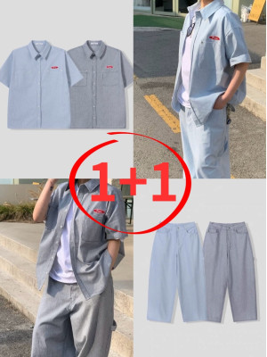韓國🇰🇷『1+1』水洗條紋雙口袋短袖襯衫+水洗條紋直筒丹寧工作褲『韓國連線』