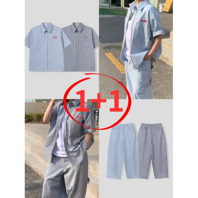 韓國🇰🇷『1+1』水洗條紋雙口袋短袖襯衫+水洗條紋直筒丹寧工作褲『韓國連線』