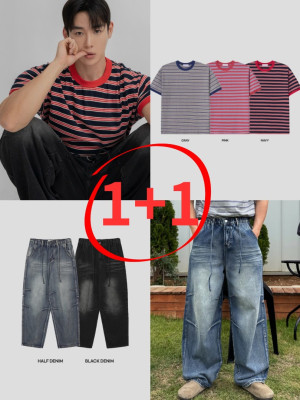 韓國🇰🇷『1+1』多色條紋圓領短袖+抽繩鬆筋帶掐折寬鬆丹寧褲『韓國連線』