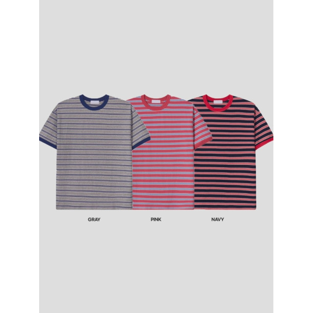 韓國🇰🇷『1+1』多色條紋圓領短袖+抽繩鬆筋帶掐折寬鬆丹寧褲『韓國連線』