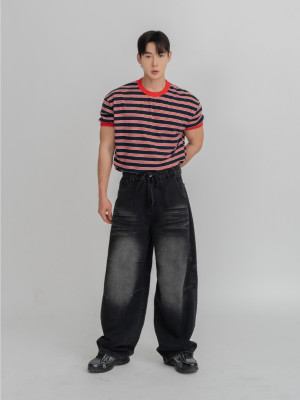 韓國🇰🇷『1+1』多色條紋圓領短袖+抽繩鬆筋帶掐折寬鬆丹寧褲『韓國連線』