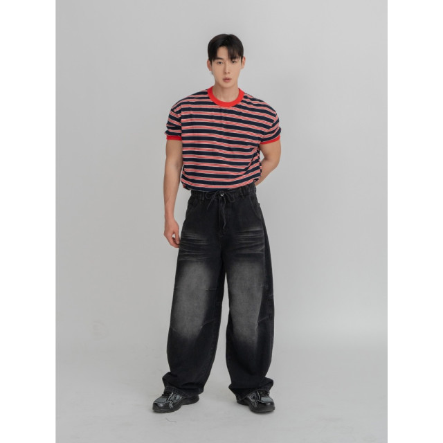 韓國🇰🇷『1+1』多色條紋圓領短袖+抽繩鬆筋帶掐折寬鬆丹寧褲『韓國連線』