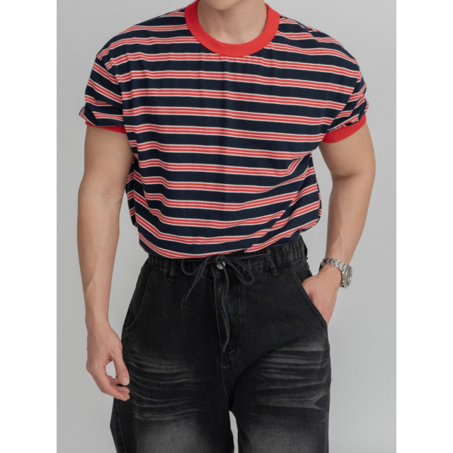 韓國🇰🇷『1+1』多色條紋圓領短袖+抽繩鬆筋帶掐折寬鬆丹寧褲『韓國連線』