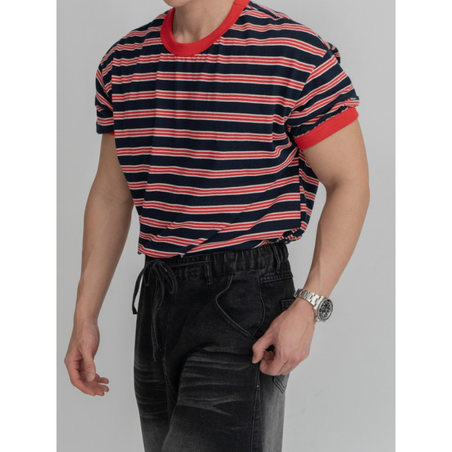 韓國🇰🇷『1+1』多色條紋圓領短袖+抽繩鬆筋帶掐折寬鬆丹寧褲『韓國連線』