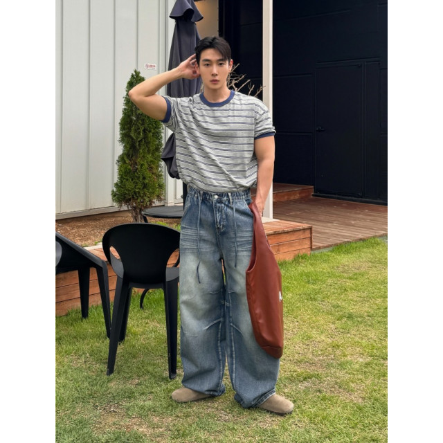 韓國🇰🇷2色抽繩鬆筋帶掐折寬鬆丹寧褲『韓國連線』