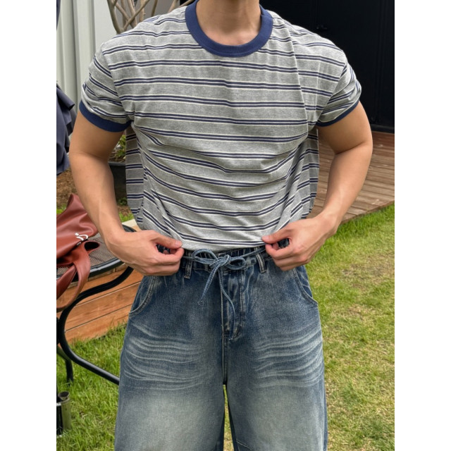 韓國🇰🇷『1+1』多色條紋圓領短袖+抽繩鬆筋帶掐折寬鬆丹寧褲『韓國連線』