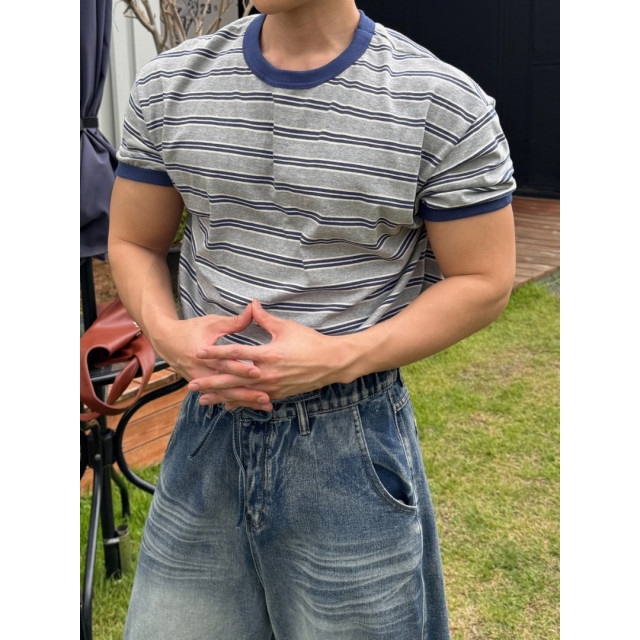 韓國🇰🇷『1+1』多色條紋圓領短袖+抽繩鬆筋帶掐折寬鬆丹寧褲『韓國連線』