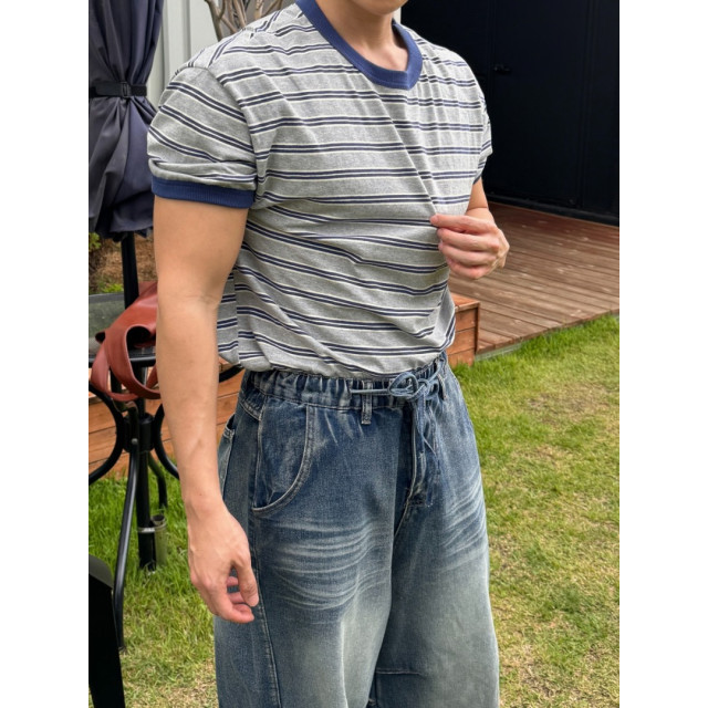 韓國🇰🇷『1+1』多色條紋圓領短袖+抽繩鬆筋帶掐折寬鬆丹寧褲『韓國連線』