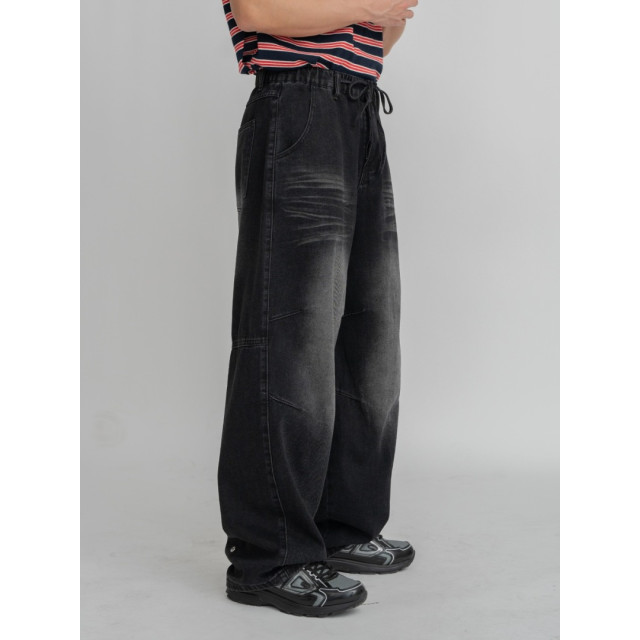 韓國🇰🇷『1+1』多色條紋圓領短袖+抽繩鬆筋帶掐折寬鬆丹寧褲『韓國連線』