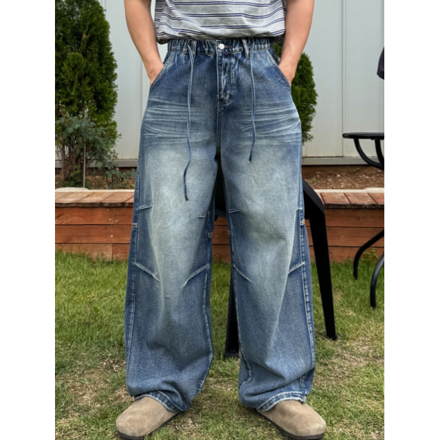 韓國🇰🇷『1+1』多色條紋圓領短袖+抽繩鬆筋帶掐折寬鬆丹寧褲『韓國連線』