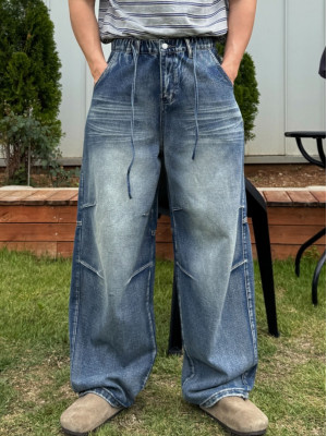 韓國🇰🇷2色抽繩鬆筋帶掐折寬鬆丹寧褲『韓國連線』