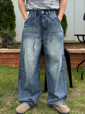 韓國🇰🇷2色抽繩鬆筋帶掐折寬鬆丹寧褲『韓國連線』