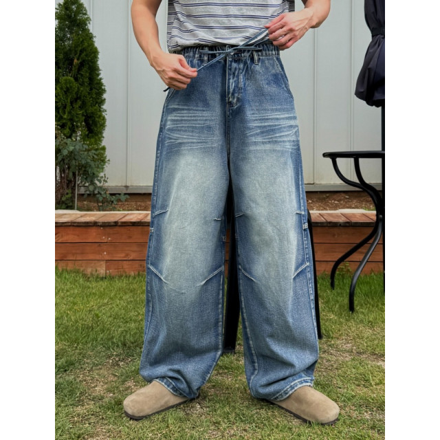 韓國🇰🇷『1+1』多色條紋圓領短袖+抽繩鬆筋帶掐折寬鬆丹寧褲『韓國連線』