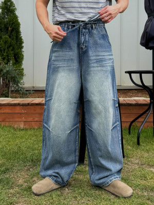 韓國🇰🇷2色抽繩鬆筋帶掐折寬鬆丹寧褲『韓國連線』