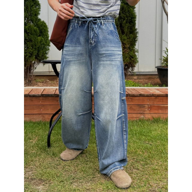 韓國🇰🇷2色抽繩鬆筋帶掐折寬鬆丹寧褲『韓國連線』