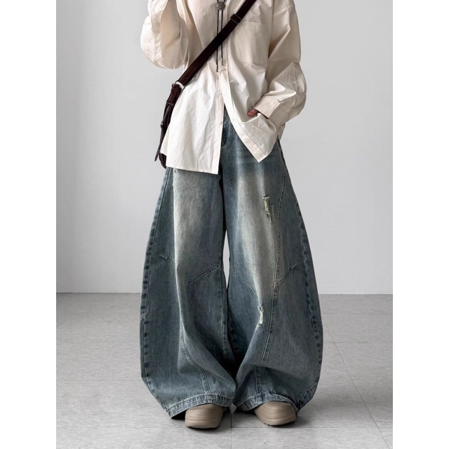 韓國🇰🇷拼接線刷破丹寧彎刀褲『韓國連線』