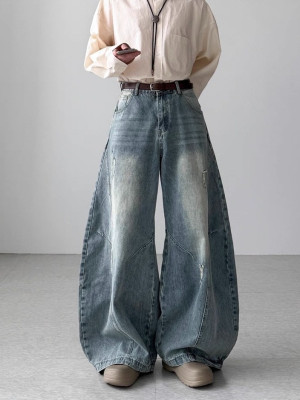 韓國🇰🇷拼接線刷破丹寧彎刀褲『韓國連線』