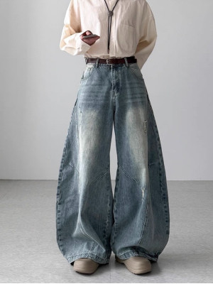 韓國🇰🇷拼接線刷破丹寧彎刀褲『韓國連線』