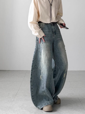 韓國🇰🇷拼接線刷破丹寧彎刀褲『韓國連線』