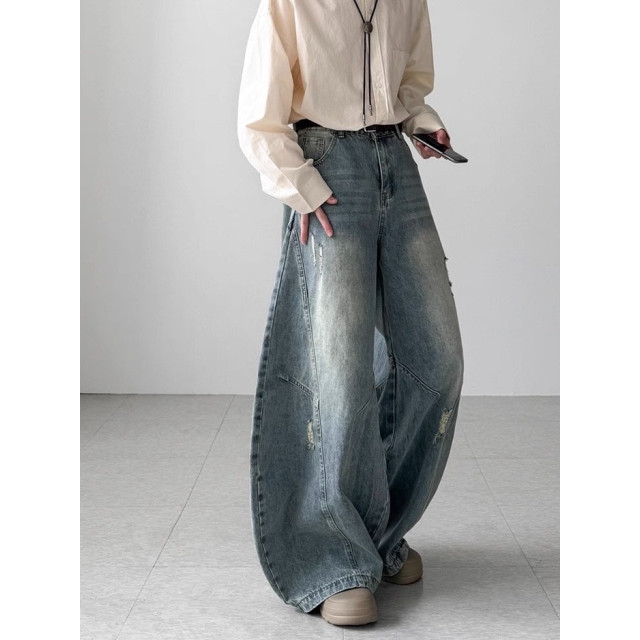 韓國🇰🇷拼接線刷破丹寧彎刀褲『韓國連線』