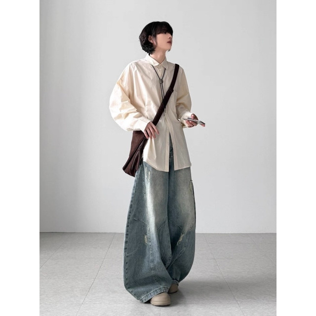 韓國🇰🇷拼接線刷破丹寧彎刀褲『韓國連線』